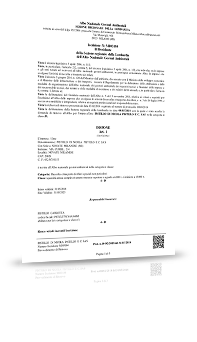 Certificato di iscrizione all’Albo nazionale gestori ambientali categoria 4D - Pistillo Imballaggi