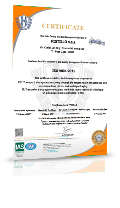 Certificazione ISO 9001:2015 - Pistillo Imballaggi